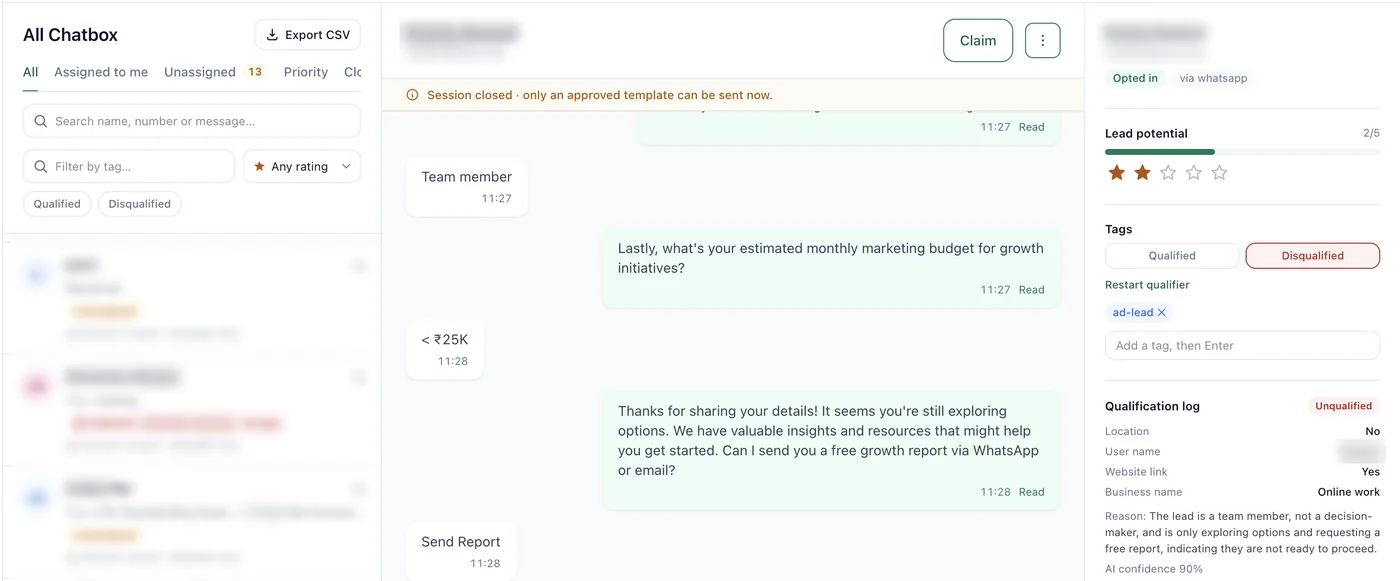 WhatsApp AI Qualifier: AI qualifier · lead scored and tagged, contact details hidden